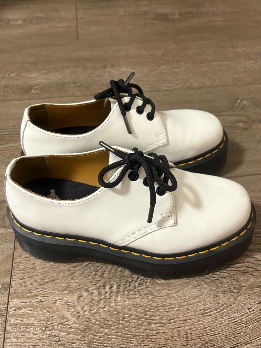 Dr. Martens White Leather 1461 Quad Platform Derbys Classic Yellow Stitching 38